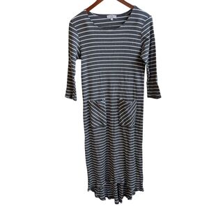 Sweet Salt Grey White Striped Knit Midi Dress 3/4 Sleeve Front Pockets Size 8